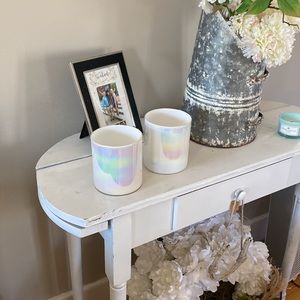 Two white iridescent planters made by modernist